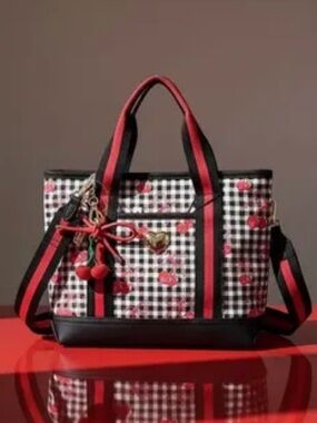 Black & Red Gingham Tote with Cherry Accents - Women's Handbag